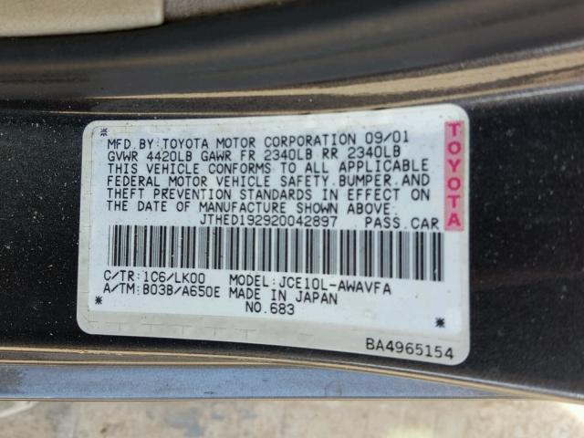 JTHED192920042897 - 2002 LEXUS IS 300 SPO GRAY photo 10