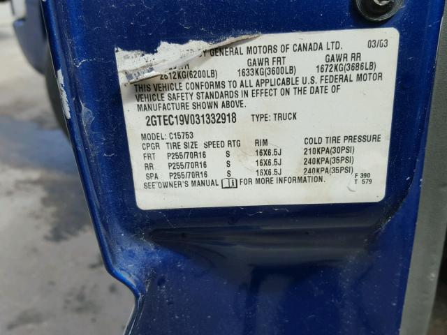 2GTEC19V031332918 - 2003 GMC NEW SIERRA BLUE photo 10