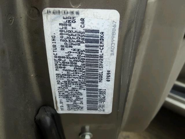 4T1BG22K6YU698175 - 2000 TOYOTA CAMRY CE GRAY photo 10