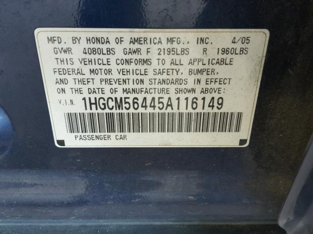 1HGCM56445A116149 - 2005 HONDA ACCORD LX BLUE photo 10