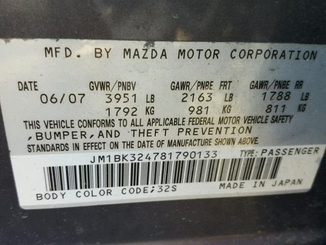 JM1BK324781790133 - 2008 MAZDA 3 S GRAY photo 10