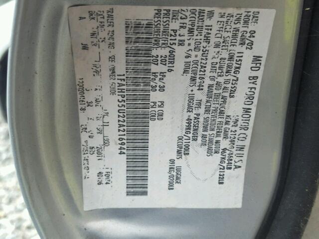 1FAHP55U22A216944 - 2002 FORD TAURUS SES GRAY photo 10