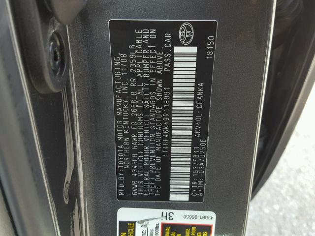 4T4BE46K49R118991 - 2009 TOYOTA CAMRY BASE GRAY photo 10