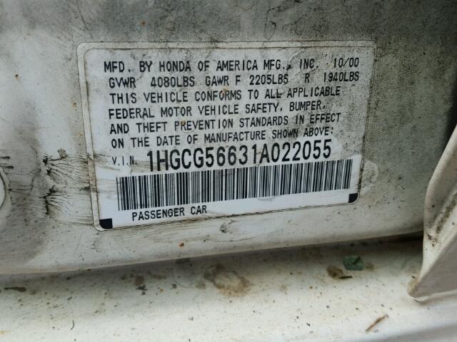 1HGCG56631A022055 - 2001 HONDA ACCORD EX WHITE photo 10