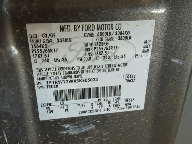 1FTRW12WX5KE05033 - 2005 FORD F150 SUPER GRAY photo 10