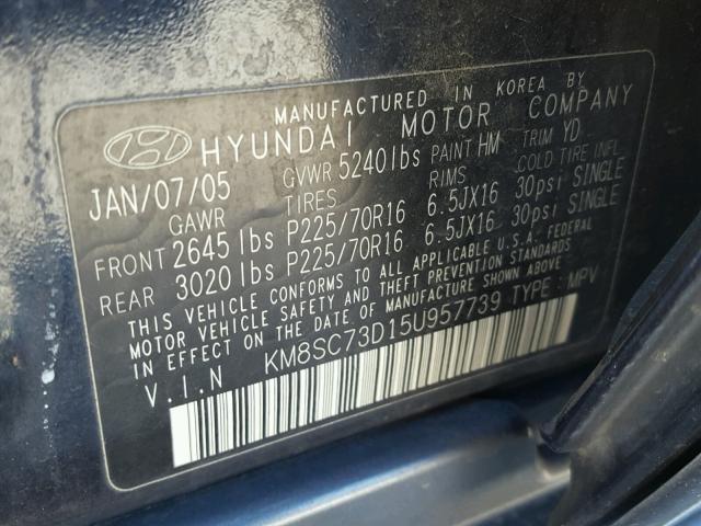 KM8SC73D15U957739 - 2005 HYUNDAI SANTA FE G BLUE photo 10