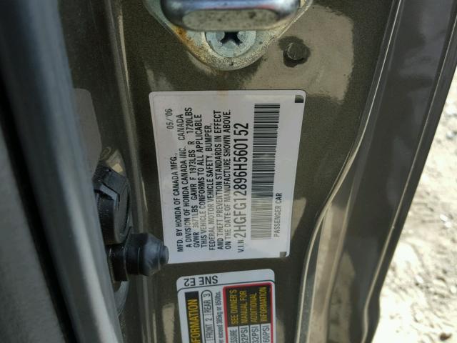 2HGFG12896H560152 - 2006 HONDA CIVIC EX GRAY photo 10