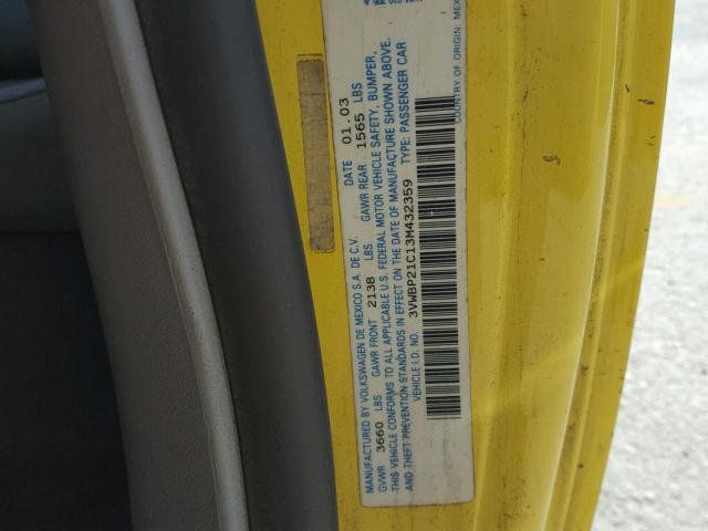 3VWBP21C13M432359 - 2003 VOLKSWAGEN NEW BEETLE 黄色 照片 10