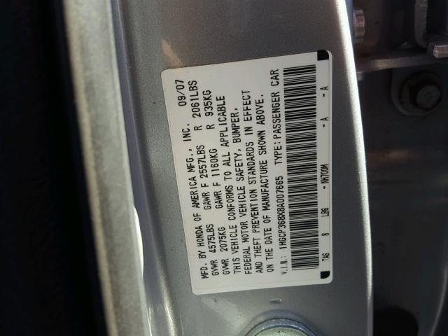 1HGCP368X8A007665 - 2008 HONDA ACCORD EXL SILVER photo 10