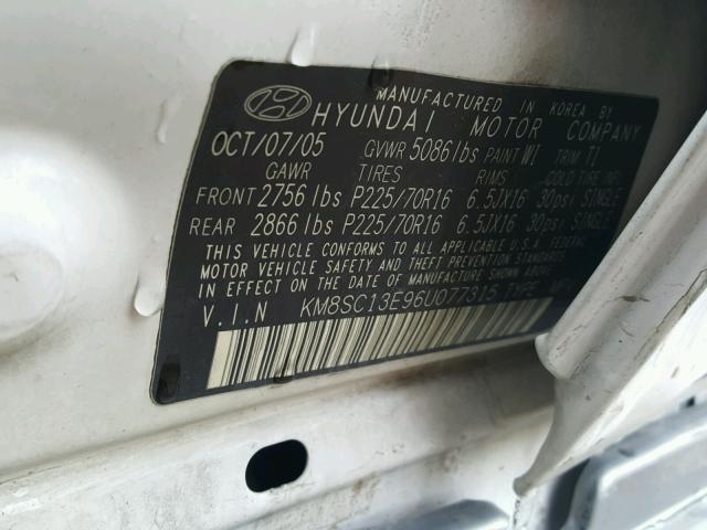 KM8SC13E96U077315 - 2006 HYUNDAI SANTA FE G WHITE photo 10