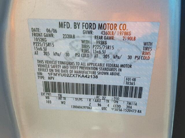 1FMYU02ZX7KA42138 - 2007 FORD ESCAPE XLS SILVER photo 9