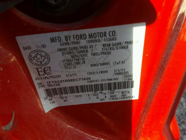 1FTSX21R58EC71826 - 2008 FORD F250 SUPER RED photo 10