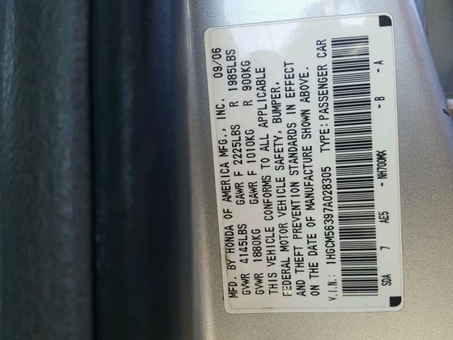 1HGCM56397A028305 - 2007 HONDA ACCORD SE SILVER photo 10