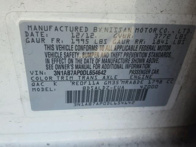 3N1AB7AP0DL654642 - 2013 NISSAN SENTRA S WHITE photo 10