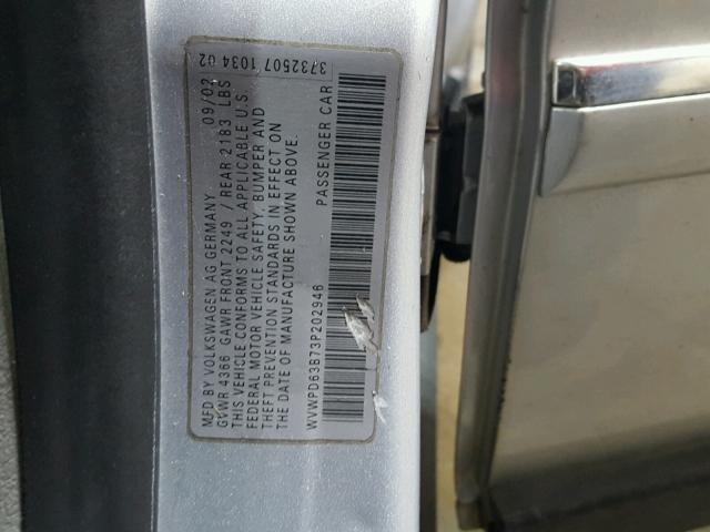 WVWPD63B73P202946 - 2003 VOLKSWAGEN PASSAT GLS SILVER photo 10