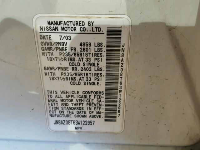 JN8AZ08T63W122957 - 2003 NISSAN MURANO SL WHITE photo 10