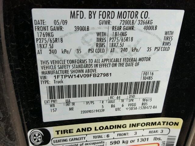 1FTPW14V09FB27981 - 2009 FORD F150 SUPER BLACK photo 10