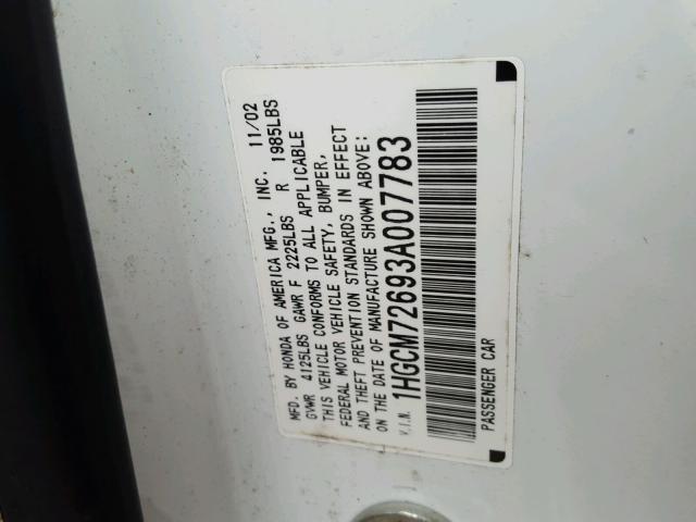 1HGCM72693A007783 - 2003 HONDA ACCORD EX WHITE photo 10