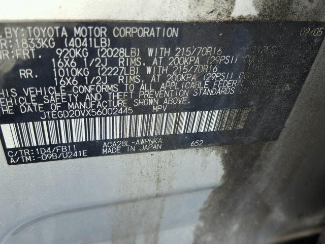 JTEGD20VX56002445 - 2005 TOYOTA RAV4 SILVER photo 10