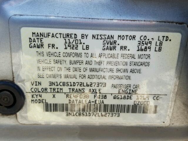 3N1CB51D72L627373 - 2002 NISSAN SENTRA XE SILVER photo 10