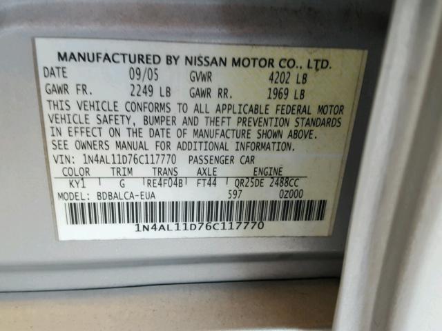 1N4AL11D76C117770 - 2006 NISSAN ALTIMA S SILVER photo 10