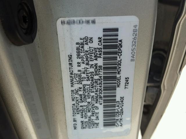 4T1BF30K43U547758 - 2003 TOYOTA CAMRY LE SILVER photo 10