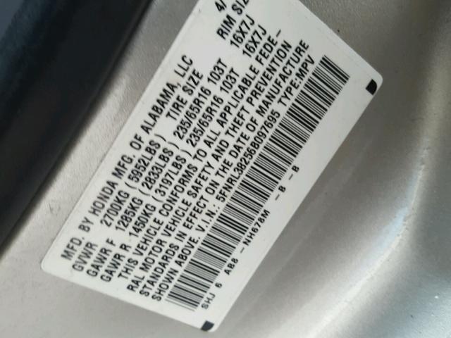 5FNRL38256B097695 - 2006 HONDA ODYSSEY LX SILVER photo 10