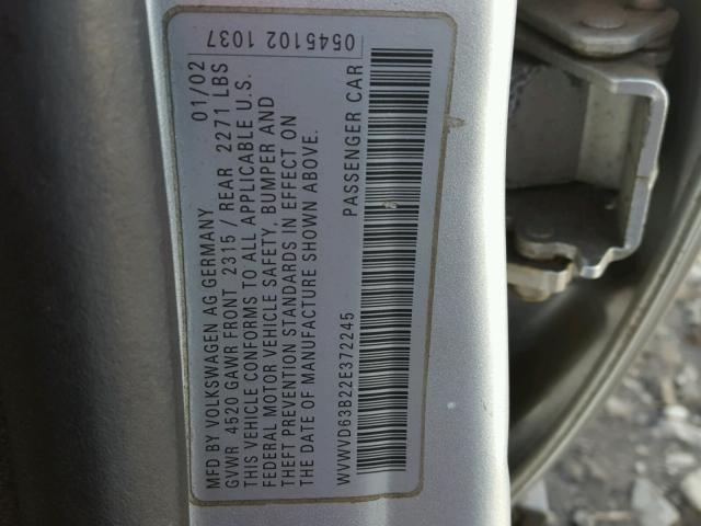 WVWVD63B22E372245 - 2002 VOLKSWAGEN PASSAT GLS SILVER photo 10