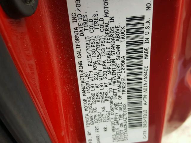 5TETX4CN1AZ701302 - 2010 TOYOTA TACOMA ACC RED photo 10