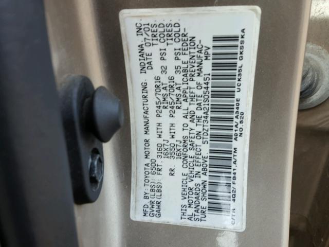 5TDZT34A21S054451 - 2001 TOYOTA SEQUOIA SR BEIGE photo 10