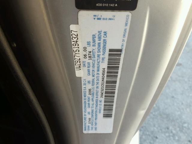 3VWCS21C51M404564 - 2001 VOLKSWAGEN NEW BEETLE 银色 照片 10