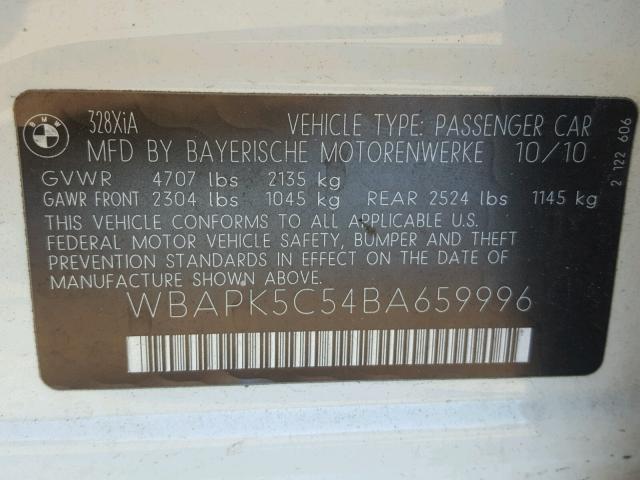 WBAPK5C54BA659996 - 2011 BMW 328 XI SUL WHITE photo 10