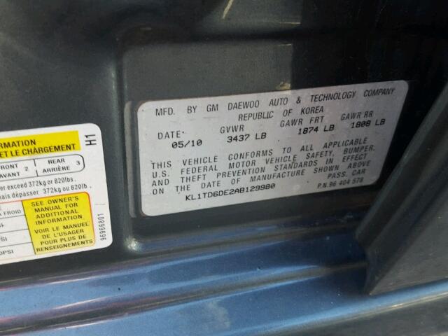 KL1TD6DE2AB129980 - 2010 CHEVROLET AVEO LS BLUE photo 10