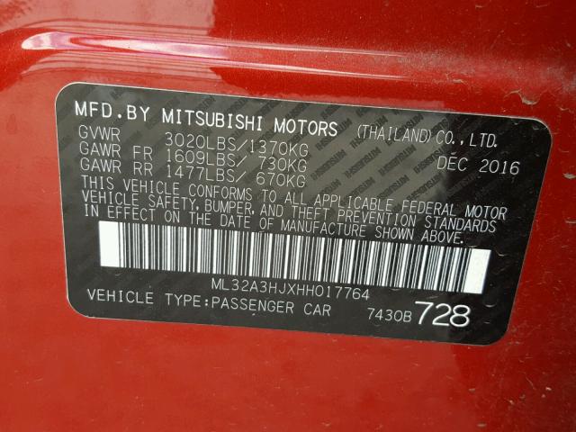 ML32A3HJXHH017764 - 2017 MITSUBISHI MIRAGE ES RED photo 10