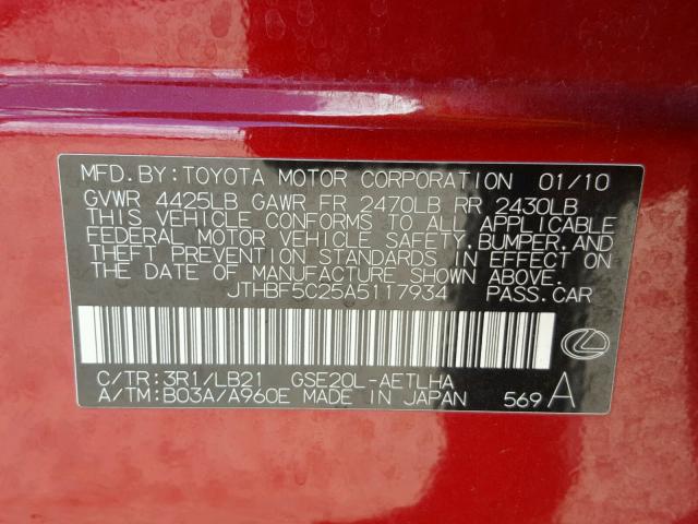 JTHBF5C25A5117934 - 2010 LEXUS IS 250 RED photo 10