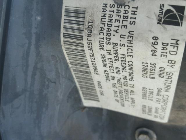 1G8AJ52F75Z120908 - 2005 SATURN ION LEVEL GRAY photo 10