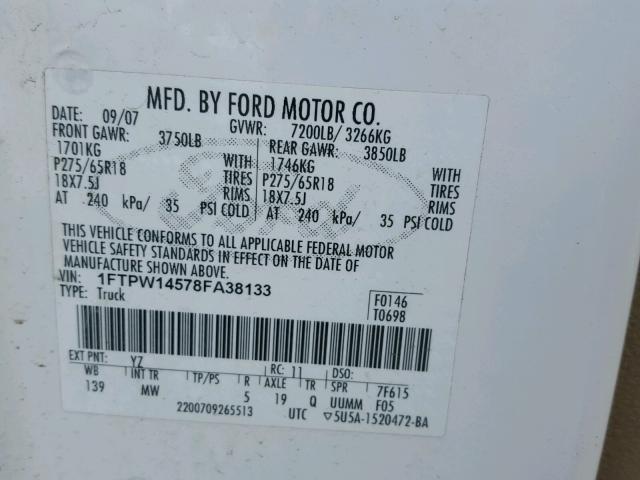 1FTPW14578FA38133 - 2008 FORD F150 SUPER WHITE photo 10