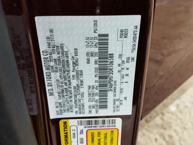 3FA6P0H73DR106588 - 2013 FORD FUSION SE BURGUNDY photo 10