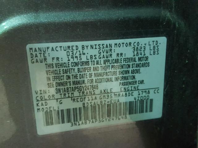 3N1AB7AP5GY247648 - 2016 NISSAN SENTRA S GRAY photo 10