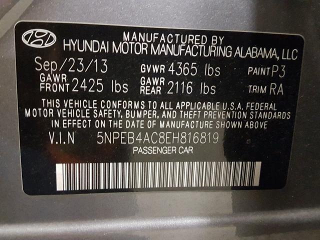 5NPEB4AC8EH816819 - 2014 HYUNDAI SONATA GLS GRAY photo 10