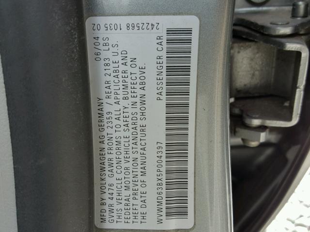 WVWMD63BX5P004397 - 2005 VOLKSWAGEN PASSAT GL GRAY photo 10