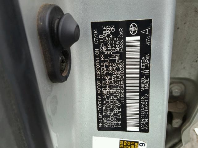 JTDKB20UX40103367 - 2004 TOYOTA PRIUS SILVER photo 10