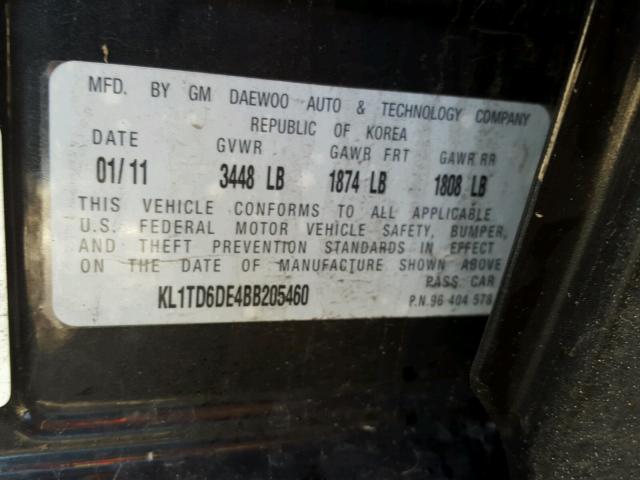 KL1TD6DE4BB205460 - 2011 CHEVROLET AVEO LS BLACK photo 10