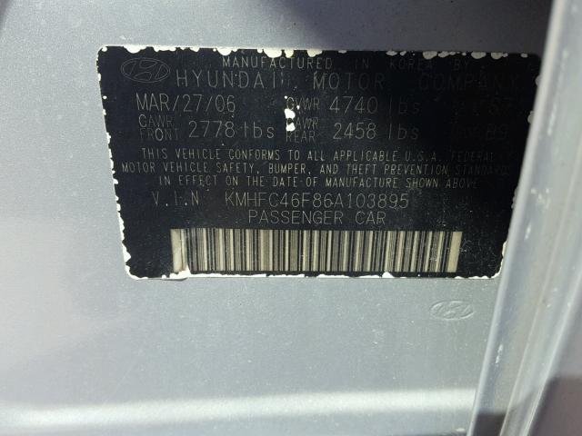 KMHFC46F86A103895 - 2006 HYUNDAI AZERA SE SILVER photo 10