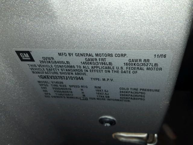 1GKEV33787J101944 - 2007 GMC ACADIA SLT ვერცხლისფერი ფოტო 10