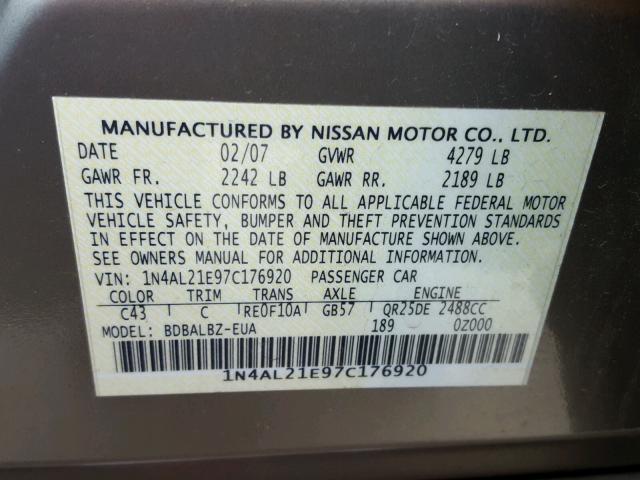 1N4AL21E97C176920 - 2007 NISSAN ALTIMA 2.5 BEIGE photo 10