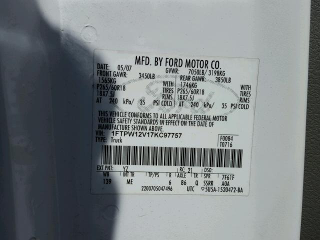 1FTPW12V17KC97757 - 2007 FORD F150 SUPER WHITE photo 10