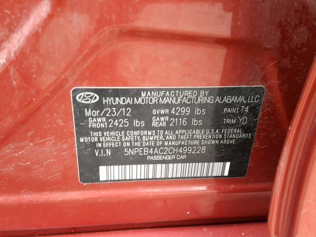 5NPEB4AC2CH499228 - 2012 HYUNDAI SONATA GLS RED photo 10