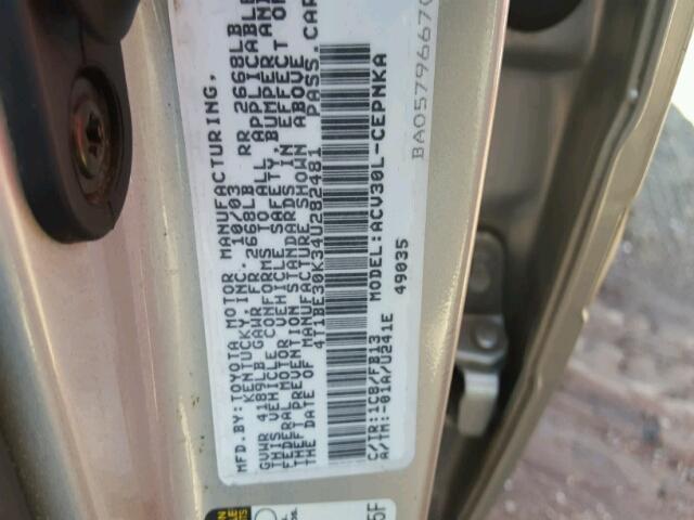 4T1BE30K34U282481 - 2004 TOYOTA CAMRY LE/X GRAY photo 10