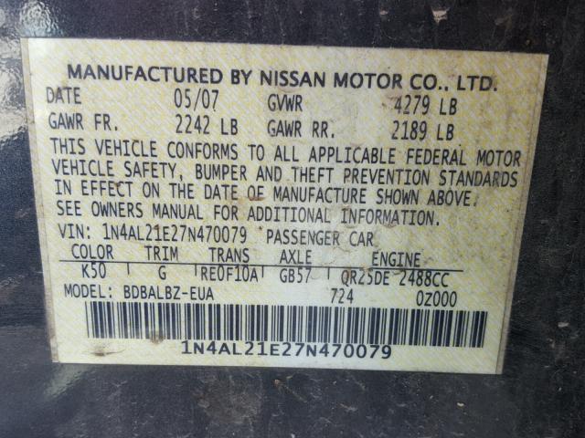 1N4AL21E27N470079 - 2007 NISSAN ALTIMA 2.5 GRAY photo 10